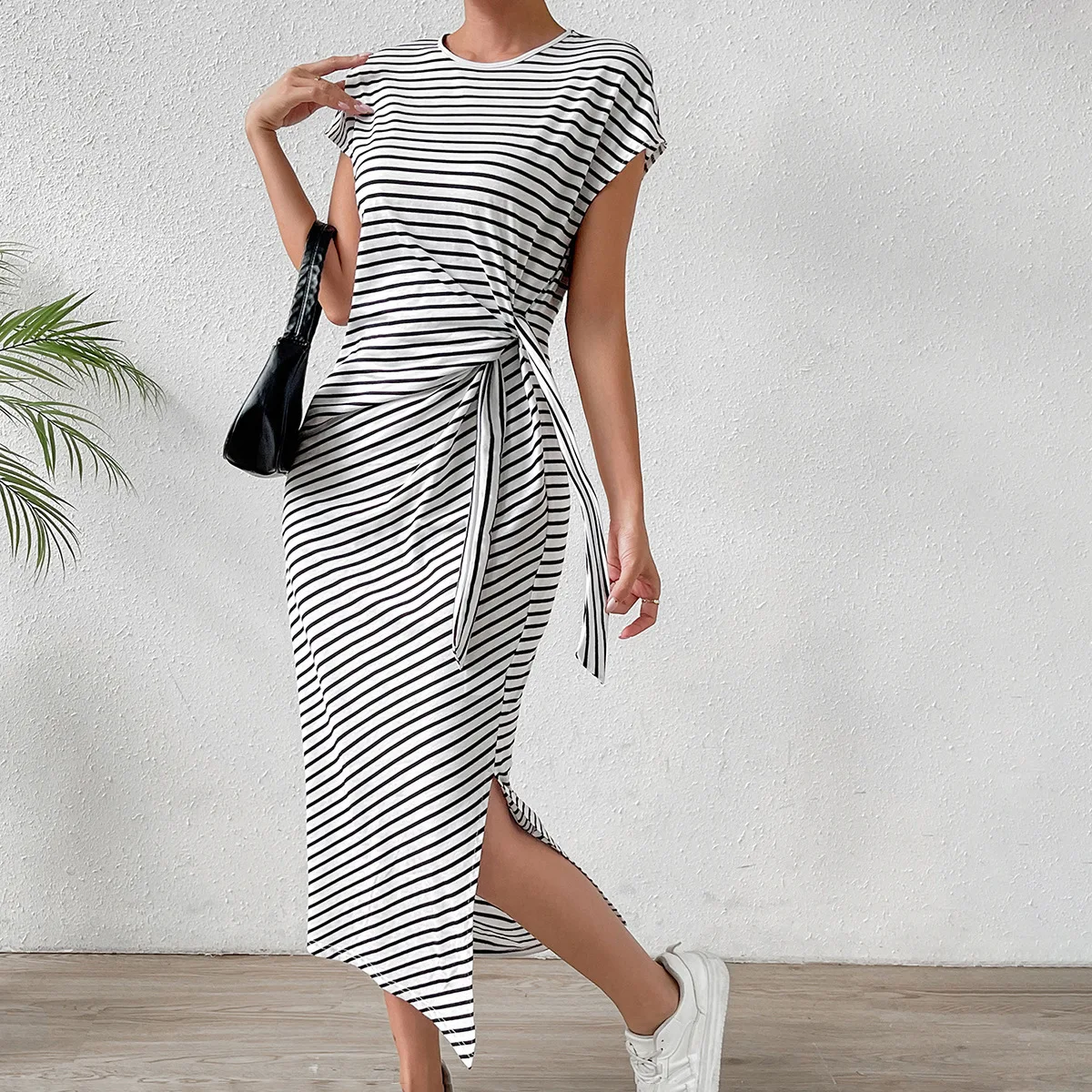 

Striped Dress Women Dresses O Neck Slim Hieh Waist Spliced Short Sleeve Vestidos Ankle Length Sexy Beach 2025 Summer Elegant