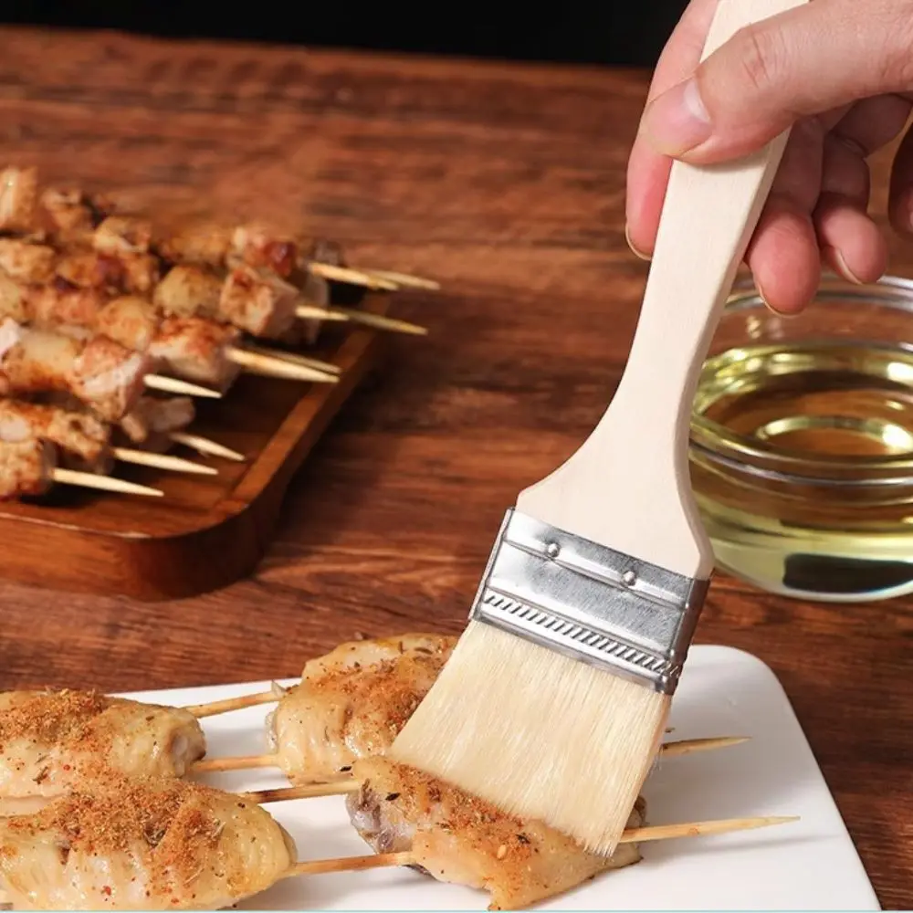 Cepillo de aceite para barbacoa de lana con mango de madera, cepillo para salsa de barbacoa resistente al calor de calidad alimentaria, cepillo de repostería reutilizable para cocinar, 3 uds.