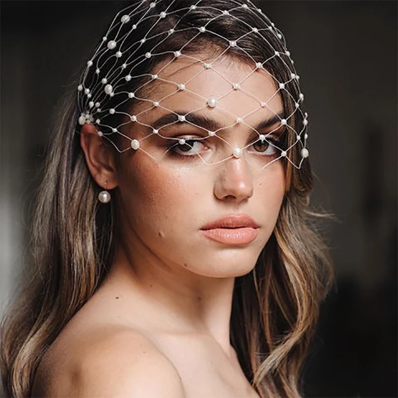 White Black Pearls Beaded Wedding Veil Evening Party Headdress Face Cover Women Headpiece Voile De Mariée En Strass