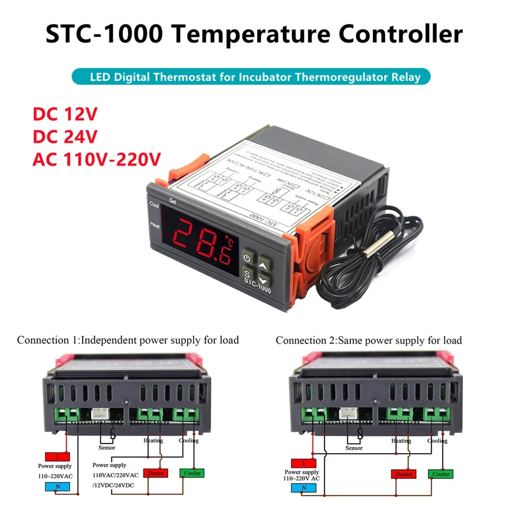 

STC-1000 светодиодный цифровой термостат для инкубатора, регулятор температуры, терморегулятор, реле, отопление, охлаждение, 12 В, 24 В, 220 В, STC 1000