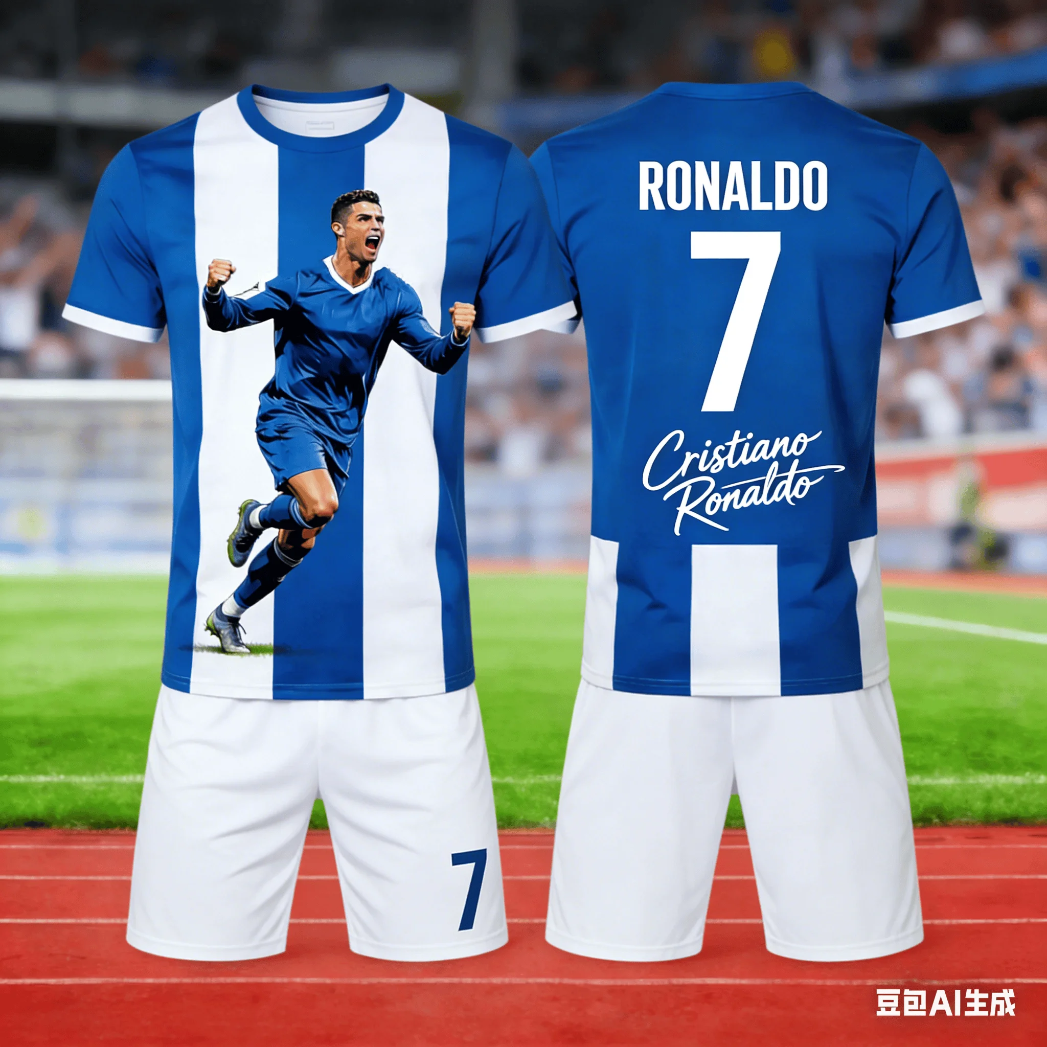 Summer Blue and White Bar #Ronaldo No.7# 3D Men's and Women's Training Sports Short Sleeved Shorts Jersey Set Birthday Gift Kids
