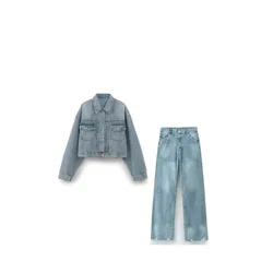 PB&ZA2024 autumn new women's fashion short casual denim jacket jacket high waisted jeans two-piece set