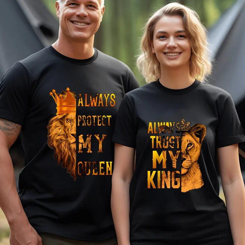 Lion King en Queen Koppels T-shirt Letters Print Top Fashion Korte Mouw Paar Kleding Koreaanse Oversized T-shirt Vrouwen Mannen Tees