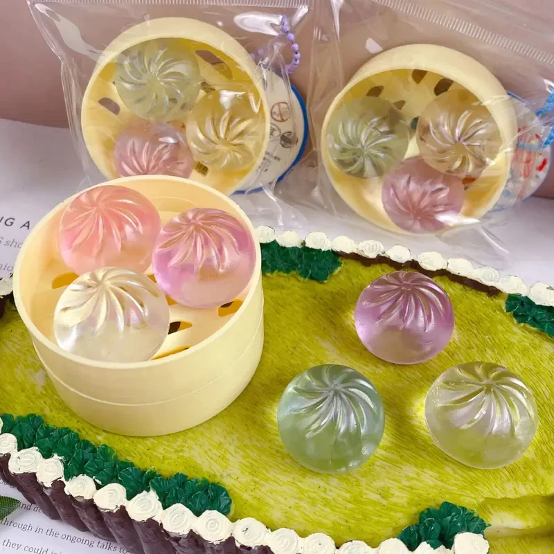 3Pcs Mini Dumplings with Steamer Bun Squeezable Toys Set Soft Stress Relief Crystal Squishy Fidget Sensory Toy Party Favors Gift