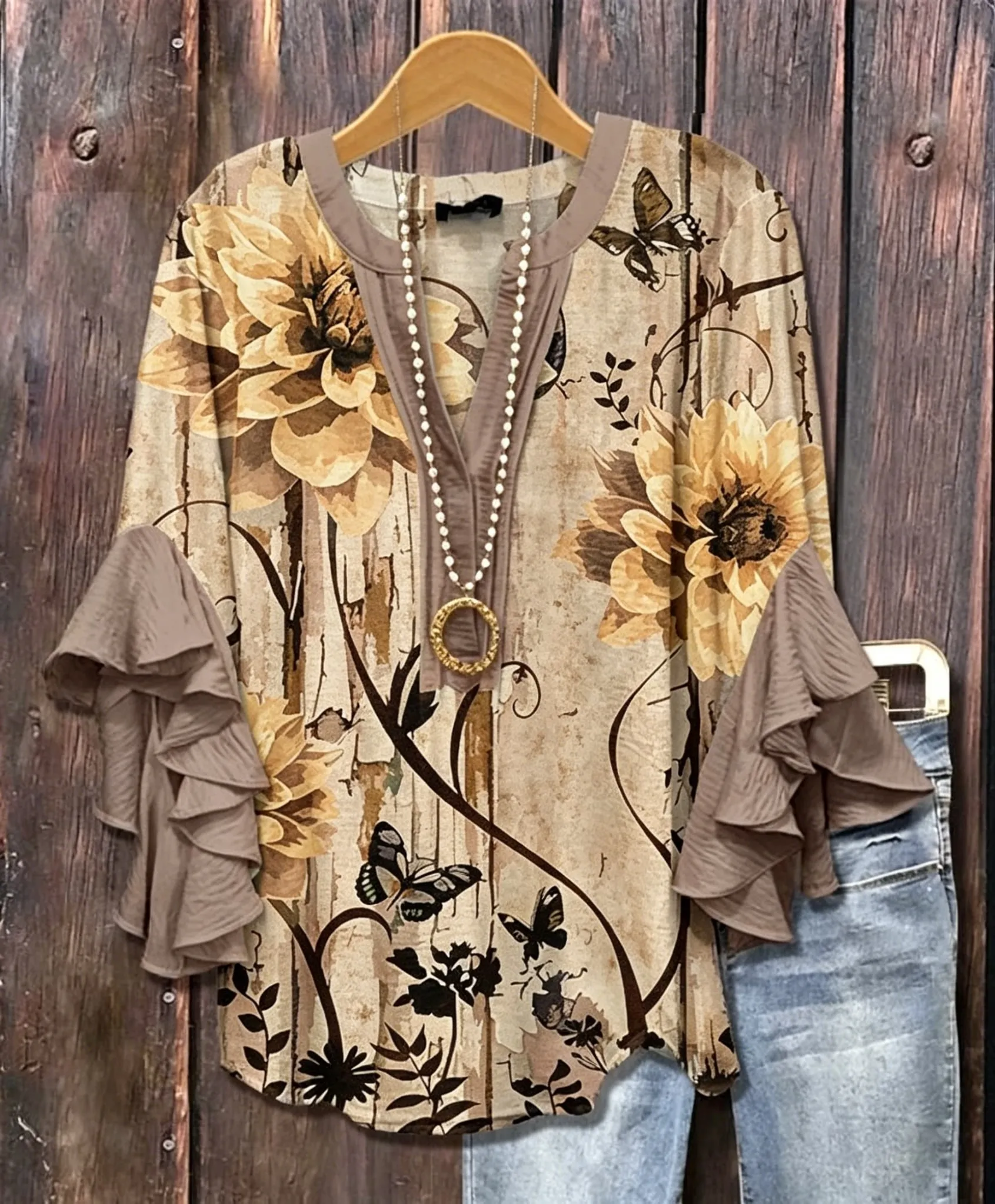 Women's V Neck Ruffle Half Sleeve Floral Butterfly Print Blouse, Casual Daily Holiday Tops Beige Brown Spring Summer