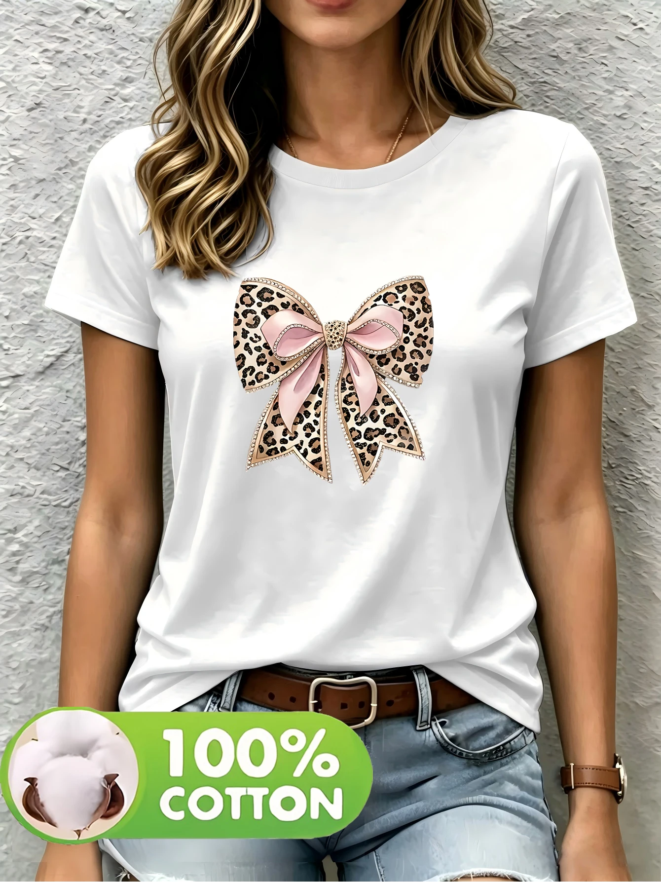 100% Cotton Material, 1 Pack, Women’s Solid-Colored Printed Round-Neck T-Shirt, Cotton Fabric, Comfortable and Breathable.