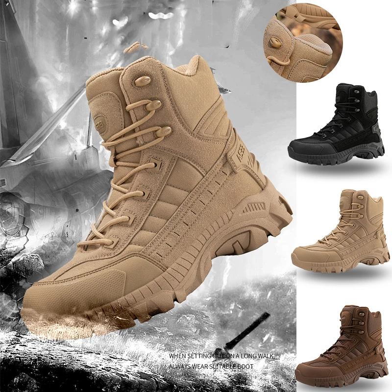 Men Tactical Boots with Straps for Combat Training Waterproof Straps Outdoor Hiking Breathable Shoes Multifunctional Motorcycle