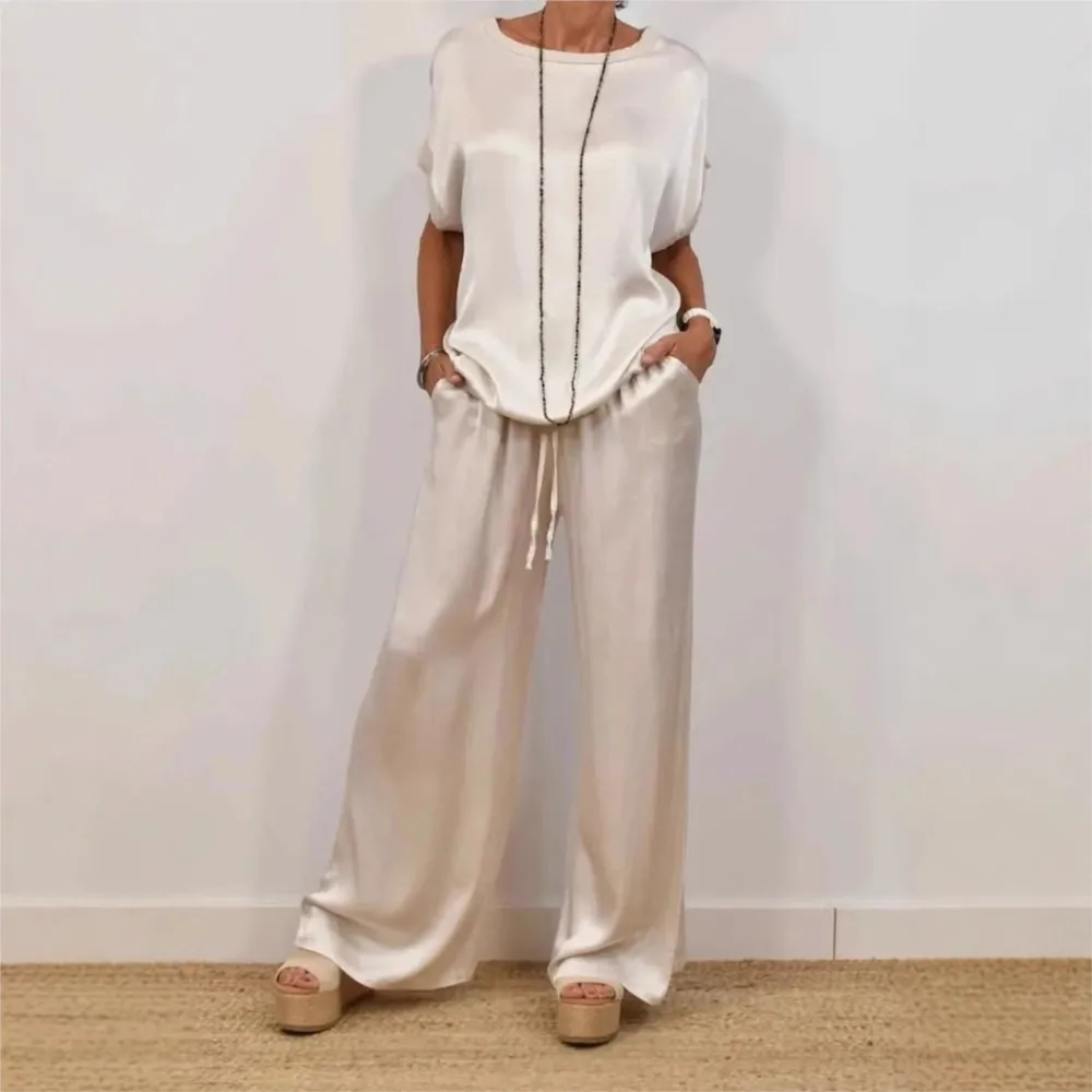 

Spring New Casual O Neck Short-sleeved T-shirt Top Satin Women's Long Pants Suit Elegant Female Wide-leg Long Pants 2 Piece Set