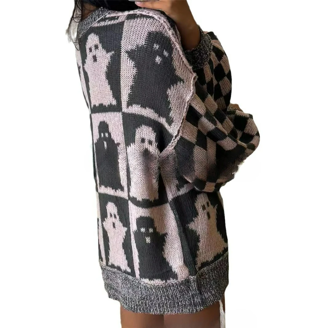 

2025 Autumn and Winter Fashion New Checkered Round Neck Long Sleeve Medium Length Sweater