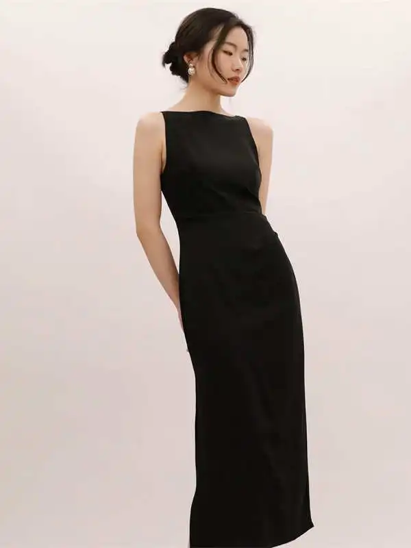 ชุดเดรสทรงเอไลน์ ผ้าโพลีเอสเตอร์ รุ่น Ele Hepburn แบบเปิดไหล่ ผ่าข้าง ความยาวปานกลาง ช่วงเอวจับจีบ ช่วยให้ดูผอมลง ปิดด้วยซิป