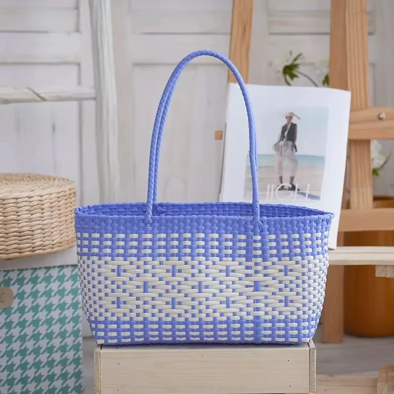 

Plastic Woven Hand-held Basket Patterned Women's Bag, Beach Bag, Shopping Bag, Large Capacity Hand-held Vegetable Basket Bag