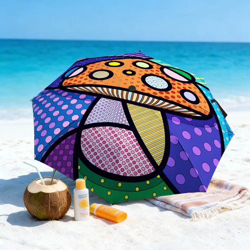 1PC Colorful Mushroom Pattern Umbrella by the Lake Print 8 Iron Ribs Folding Umbrella Auto-Open Fashion Sunshade