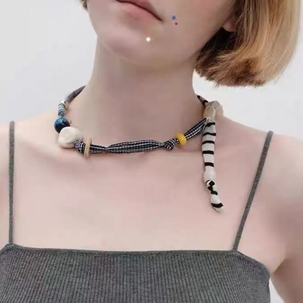 

Strip Patchwork Cloth Chain Necklace Multicolor Ethnic Style Wood Bead Necklace Jewelry Accessories Clavicle Chain
