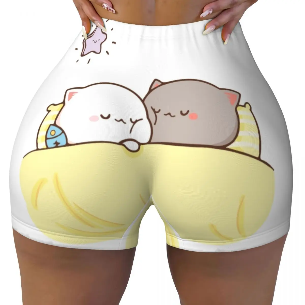 Custom Peach And Goma Mochi Cat Sleeping Workout Shorts Women's Gym Volleyball Biker Yoga Shorts