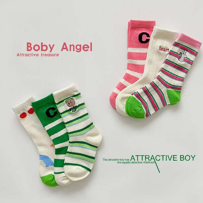 

Children's Socks Spring Cotton Socks Baby Girls Fancy Cherry Pattern Calf Socks Simple Style 3 Pairs/pack