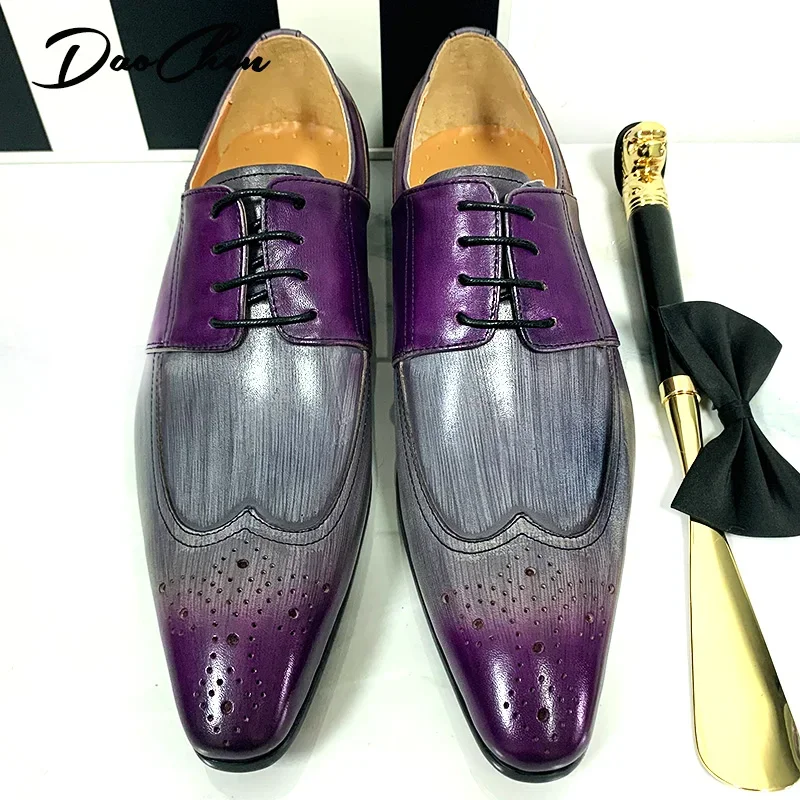 DAOCHEN MEN LEATHER SHOES PURPLE MIXED GRAY LACE UP WING TIP DERBY MEN CASUAL DRESS SHOES OFFICE WEDDING SHOES FOR MEN