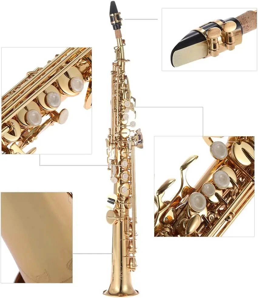 Brass Straight Soprano Sax Saxophone Bb B Flat Woodwind Instrument Natural Shell Key Carve Pattern with Carrying Case Glov