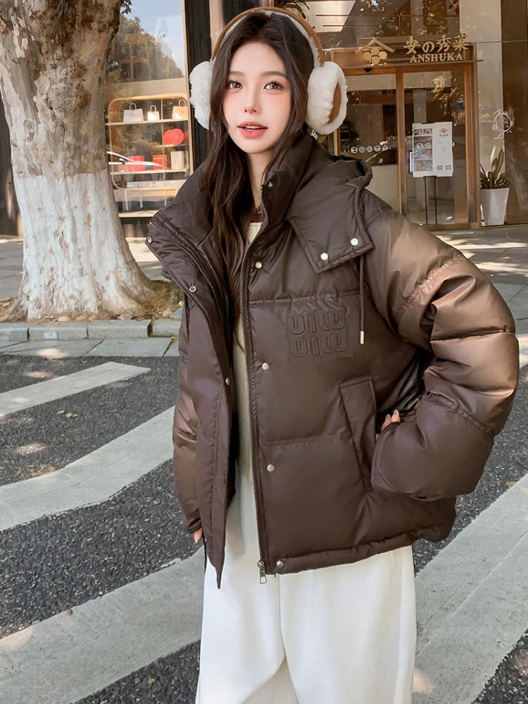 Women Casual Elegant Street Style Cotton Jacket Winter New Style Hooded Thick Letter Leather Down Cotton Jacket Bread Down Women