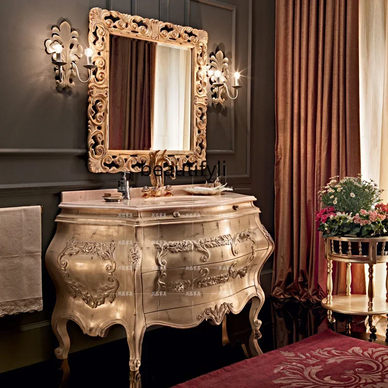 M45   Washstand High-End Wood Carved Light Luxury Bathroom Cabinet Luxury European Marble Single Basin Bathroom Cabinet