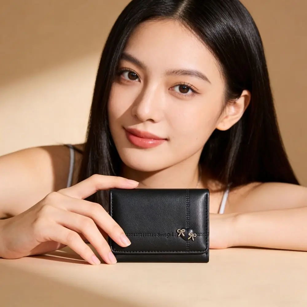 Heart-Shaped Bow Design Tri-fold Short Wallet PU Leather Foldable Money Bag Multipurpose Multiple Card Slots Coin Purse