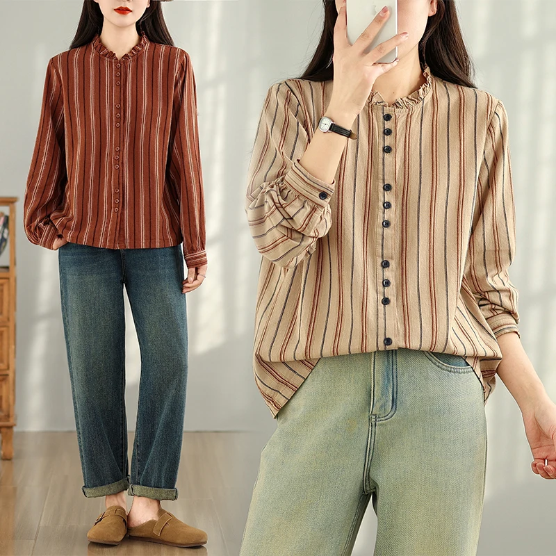 

Retro Sle Cotton Linen Loose Fit Striped irt Long Sve Commute Women's Open Cardigan irt Fall New Arrival