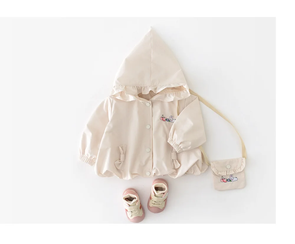 

2025 Autumn-style Girls Cartoon Embroidered Rabbit Hooded Coat Infant and Toddler Bowknot Windproof Top Girls Coat