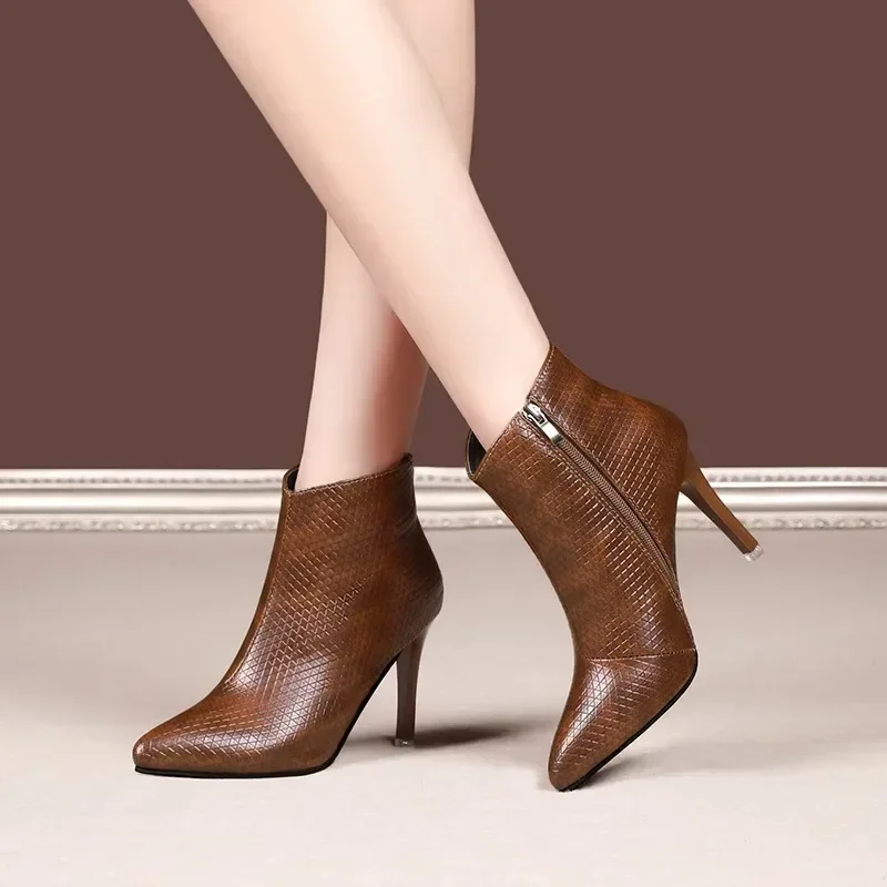 Leather   High Heels Autumn Winter Side Zipper Women's Boots Pumps Party Office Lady Shoes Woman