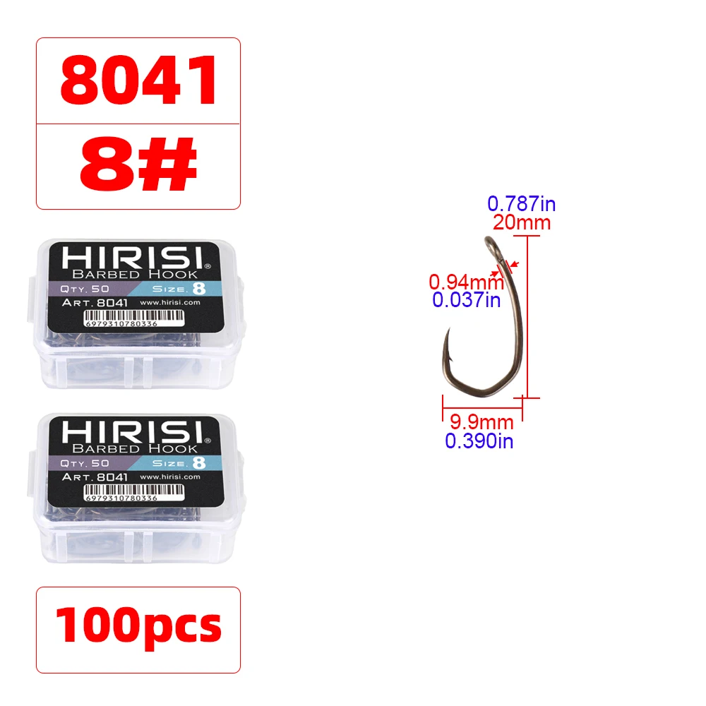 Hirisi 8041 50 Stück PTFE-beschichtete Angelhaken aus Hochkarbon-Edelstahl Rostfrei Scharfe Spitze mit Widerhaken und Öse für Angelzubehör