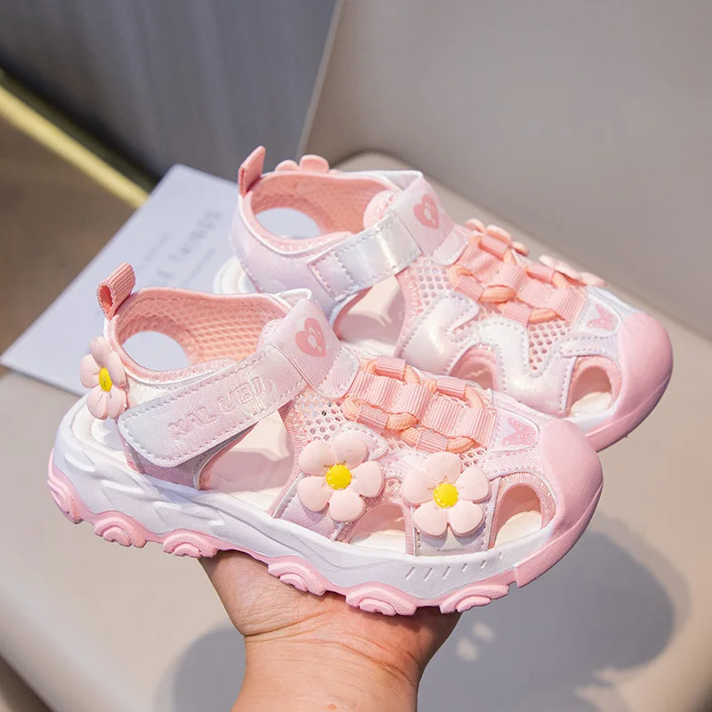 

Sandals Mesh PU Leather Summer Fashion Flat Bottom Breathable Anti-slip Soft Bottom Pink Purple Size 25-36