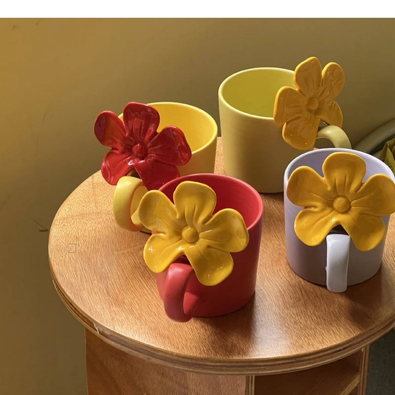

Керамические кружки, красочные мультяшные цветы, тисненые чашки для молока, кофейная ручка, детская чашка для завтрака, праздничные подарки