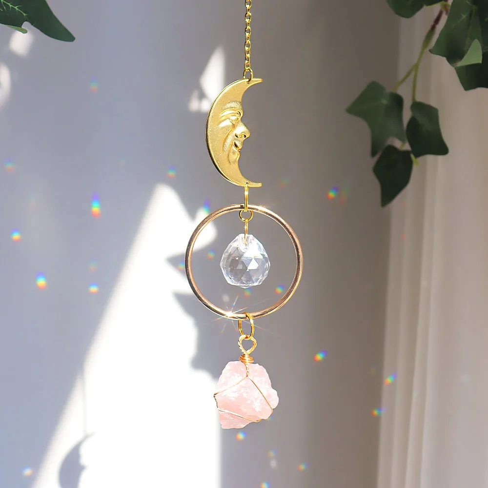 Custom Rose Quartz Face Moon & Ring Sun Catcher - Raw Crystal Wire Wrapped Hanging Ornament for Window Decor