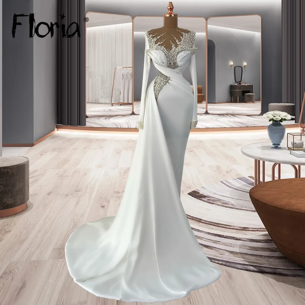 

Off White Pearls Long Sleeve Satin Formal Evening Dress Women Wedding Gown With Train 2023 Custom Made Formal Dresses Plus Size