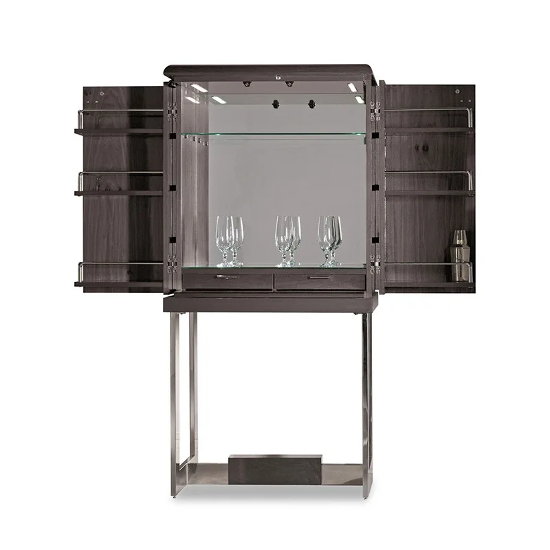 

Stainless steel, solid wood wine cabinet, modern light luxury villa, high-end display locker against the wall
