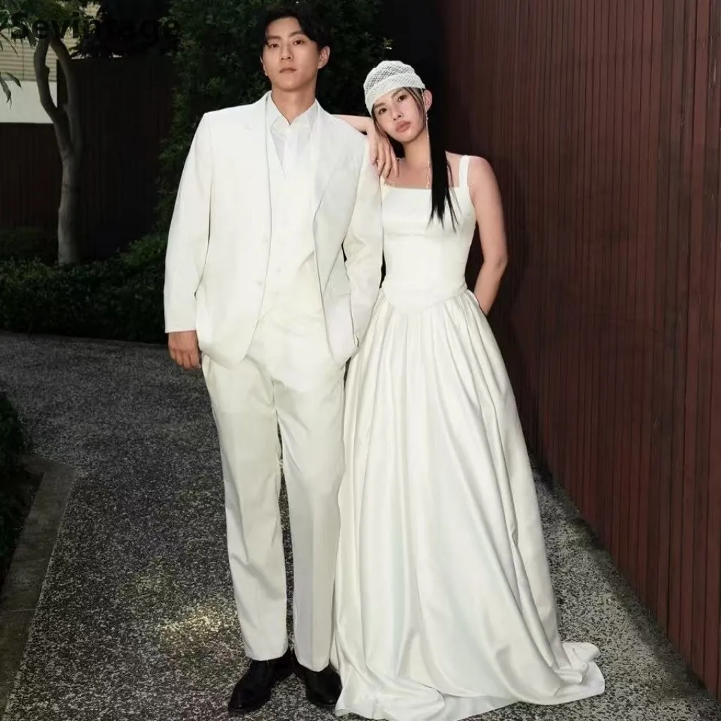 Sevintage marfil coreano una línea vestido de novia satén sin tirantes vestido de novia elegante vestidos de fiesta de boda 2025 personalizado