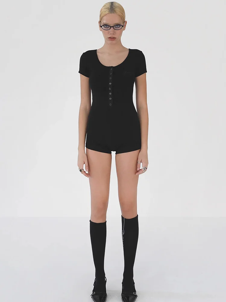 2025년 신상 순색 버튼 고탄력 U넥 오버올 섹시 슬림 섹시 걸 오버올 면 혼방 원단