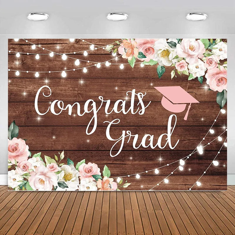 Congrats Grad Backdrop Pink Flower Wood Board Graduation Prom Background College Prom Party Event Decoration Banne Photography