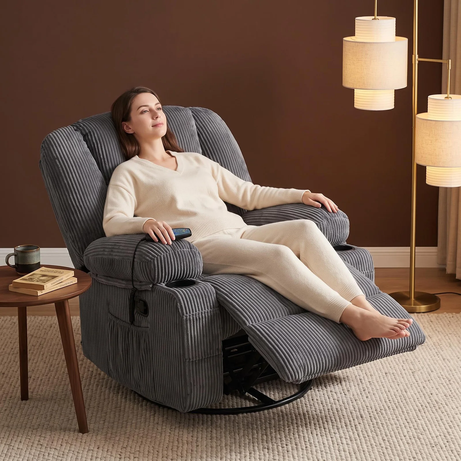 Oversized Corduroy Swivel Rocker Recliner Chair With Massage Heat, 360° Glider, Cup Holder, Side Pockets & Hidden Storage