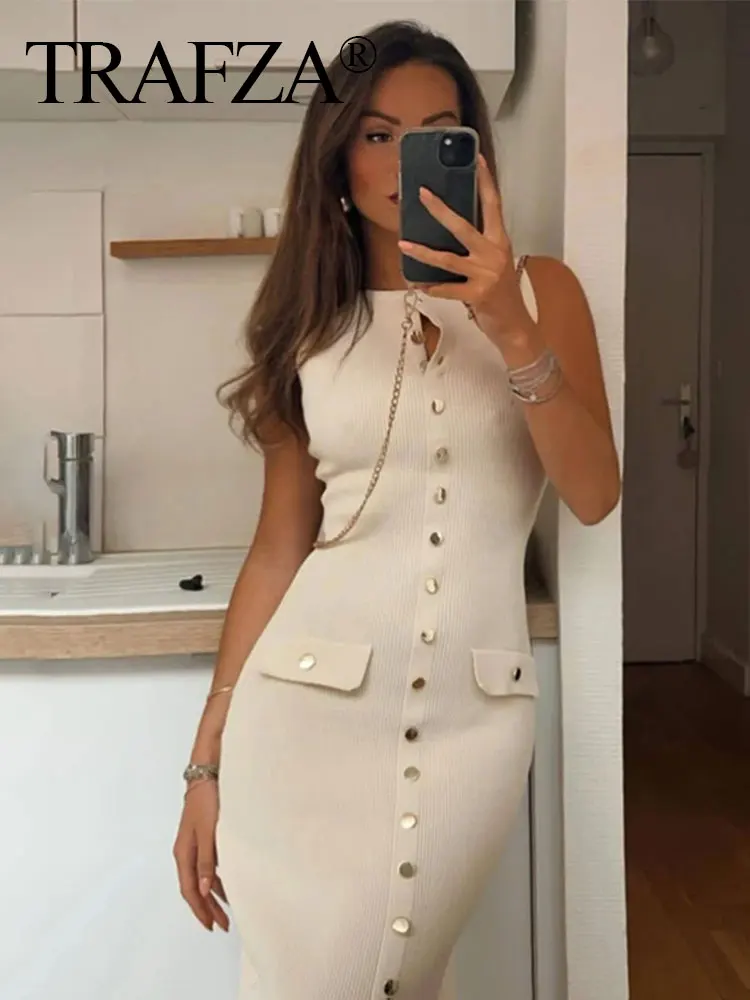 TRAFZA Dress For Women 2024 Knitted Solid Sleeveles O Neck Slim Single Breasted Long Dresses Pockets Chic Elegant Woman Dress