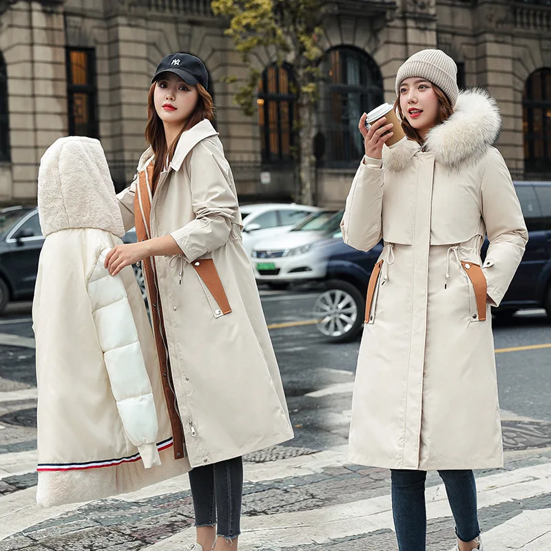 

Parkas Coats Women Mid Length Jackets Detachable Big Fur Collar Hooded Drawstring Pocket Zipper Waist Cinched Casual 2025 Winter