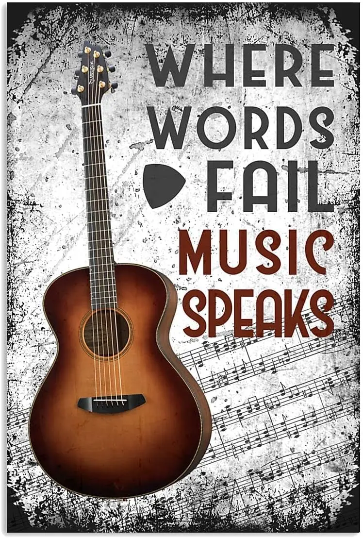 Vintage Metal Tin Sign Where Words Fail Music Speaks Guitar Tin Sign Cafe Bar Garden Home Bathroom Art Decoration Funny