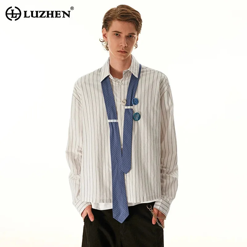 

LUZHEN 2025 New Elegant High Quality Buttoned Decorate Necktie Patchwork Long Sleeve Shirts Men's Fashion Handsome Tops JY3416