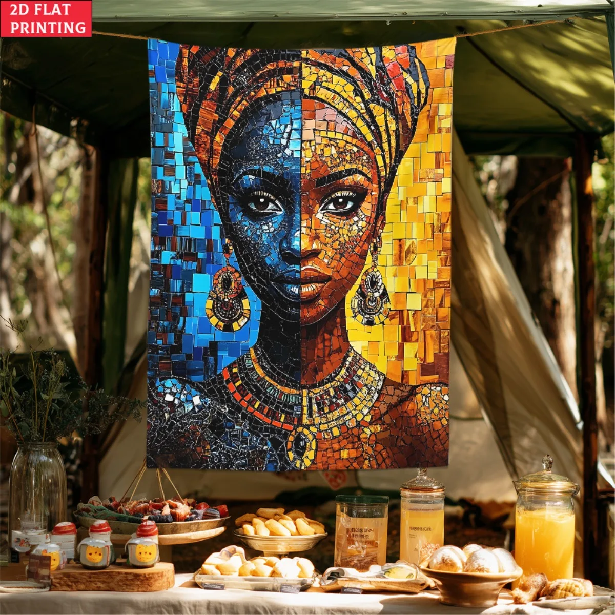 African woman mosaic portrait tapestrywall art colorful ethnic design living roombedroom decor cultural art print 2Dflatprinting