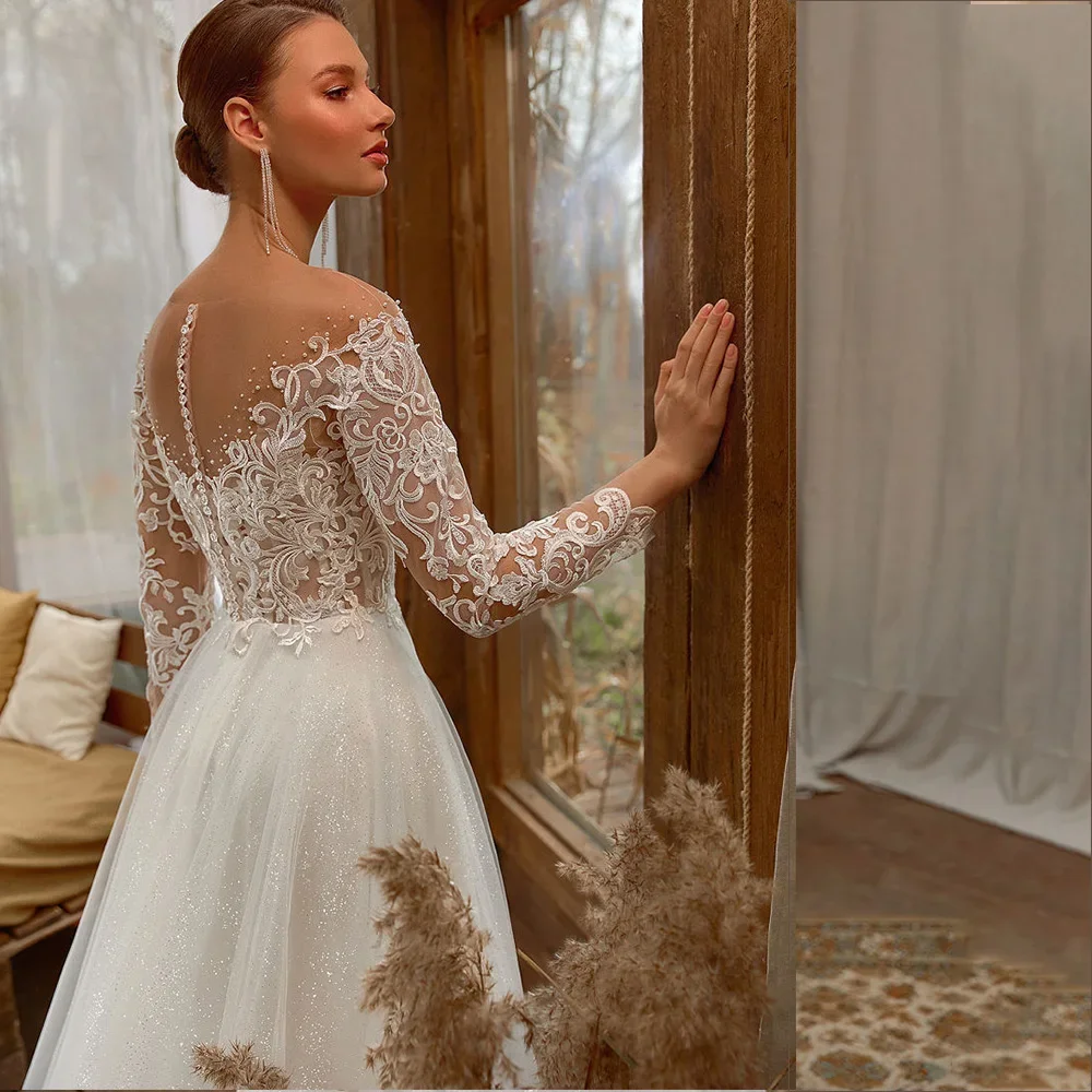 Flavinke Abiti da sposa classici personalizzati da principessa Manica lunga Applicazioni in pizzo Bottoni Sweep Train Brida Abiti da sposa