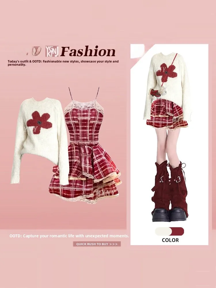 Sweet Floral Pattern Long Sve Knitted Sweater And Lace Trim ter Dr Set for Women Gentle Winter Faion Ensemble