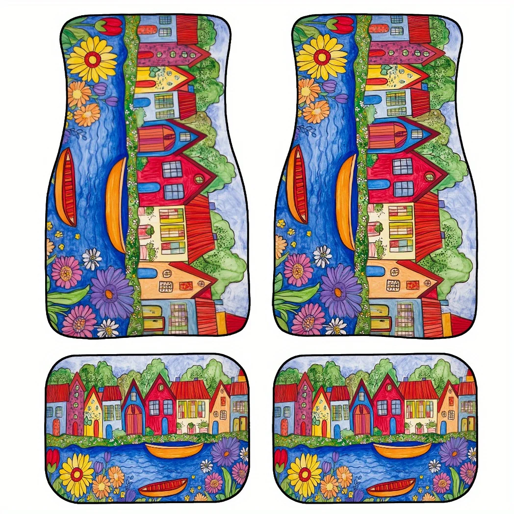 HKStorage All-Weather Non-Slip Car Floor Mats With Dutch-Style Riverside & Floral Design - Vibrant Blue/Yellow/Red/Pink/Beige/ G