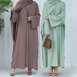 Two Piece Muslim Woman Set Abaya Kimono with Sleeveless Inner Dress Crepe Hook Edge Matching Outfits Dubai Turkey Islamic Kaftan