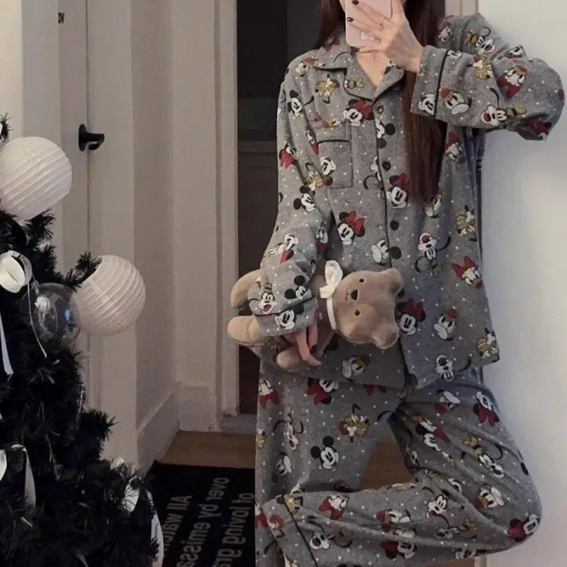 Romantic Cartoon Cute Pajamas Lapel Set for Women Comfortable and Skin-Friendly Printed Student Home Clothes Holiday Gift