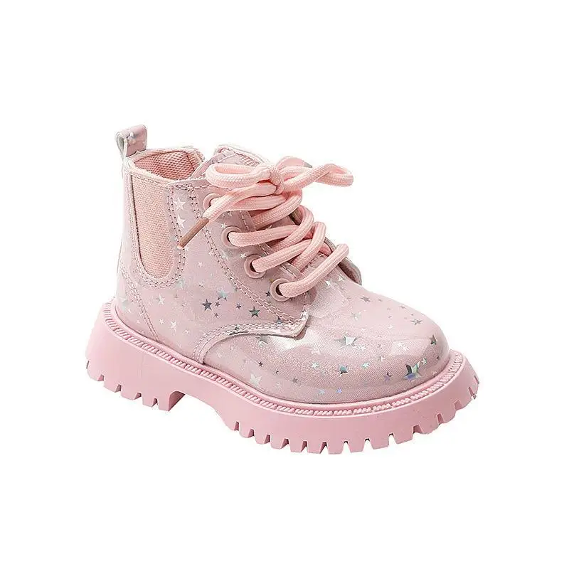 New Children Martine Boots Non-slip Soft Sole Walking Shoes PU Leather Sparkle Boots Lace Up Side Zipper Pure Color Casual Shoes