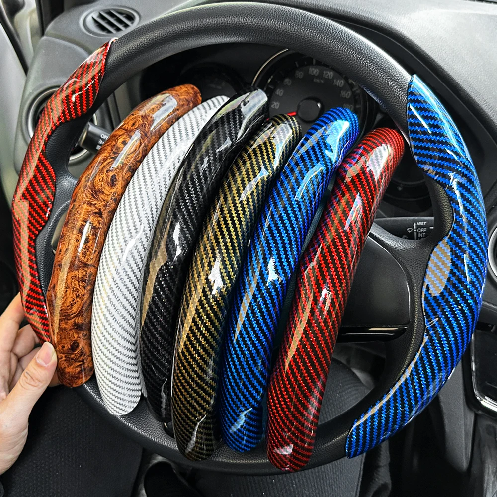 Car Steering Wheel Cover Set, Glossy Carbon Fiber Texture, 2-Piece Breathable and Anti-Slip Grip, Universal Fit Interior Upgrade