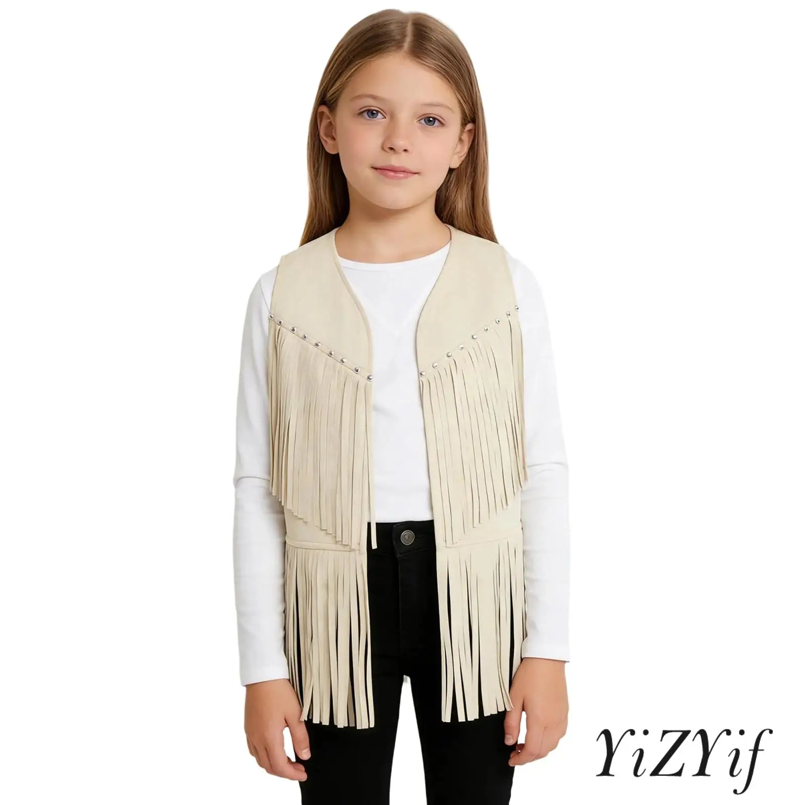 

Unisex Kids Girl Boy Open Waistcoat Chest Decorative Stud And Tassels Top Western Cowboy Vest for Halloween Carnival Party